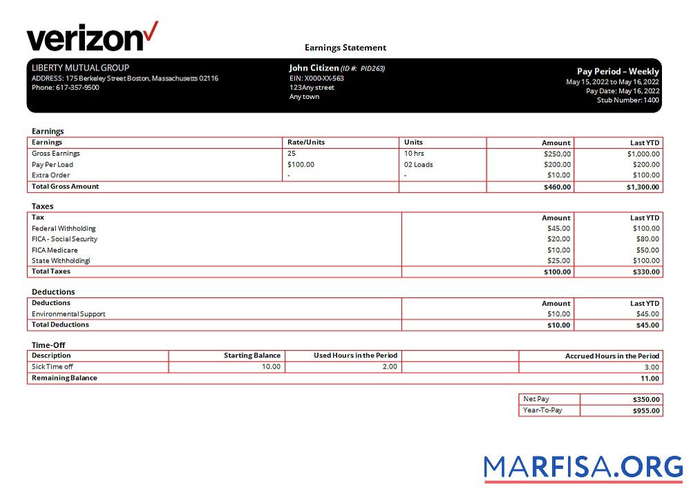 Realistic USA Verizon telecommunication company pay stub example